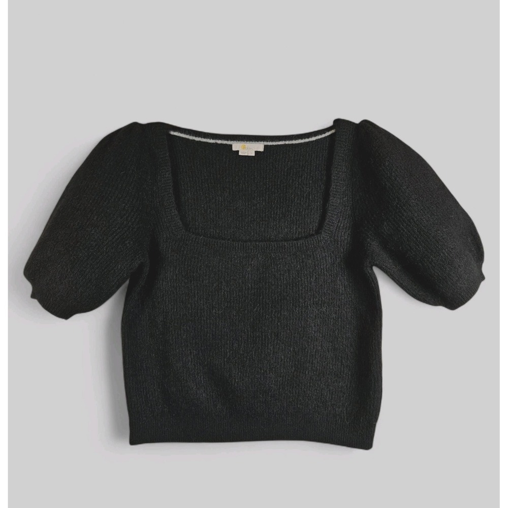 Boden Sweater Black Large Cropped Mohair Wool Puff Sleeve Square Neck Fuzzy Soft